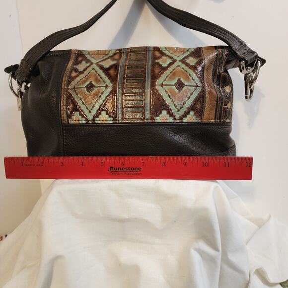 Bamzi Bags Leather Shoulder Bag Southwest Geometric Brown Turquoise Boho 12x7 - Picture 2 of 14